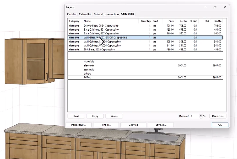 A 3D kitchen cabinet design in Pro100 with the calculation report open over it, showing prices for each cabinet in the layout