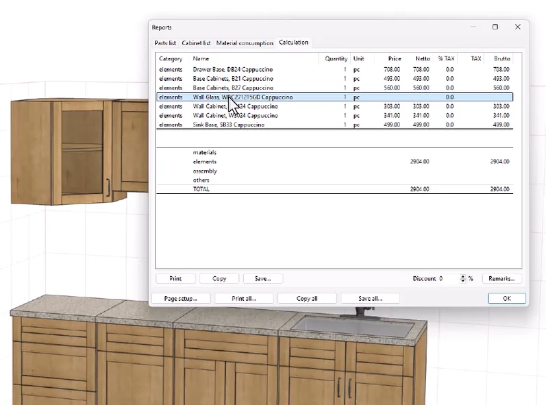 A 3D kitchen cabinet design in Pro100 with the calculation report open over it, showing prices for each cabinet in the layout