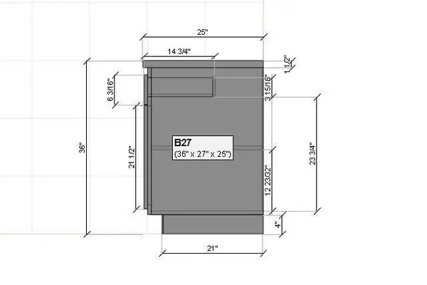 Dimensioned side elevation of a B27 base cabinet showing drawer and door sizes