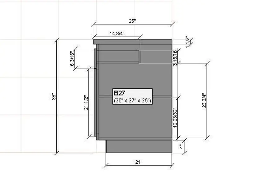 Dimensioned side elevation of a B27 base cabinet showing drawer and door sizes