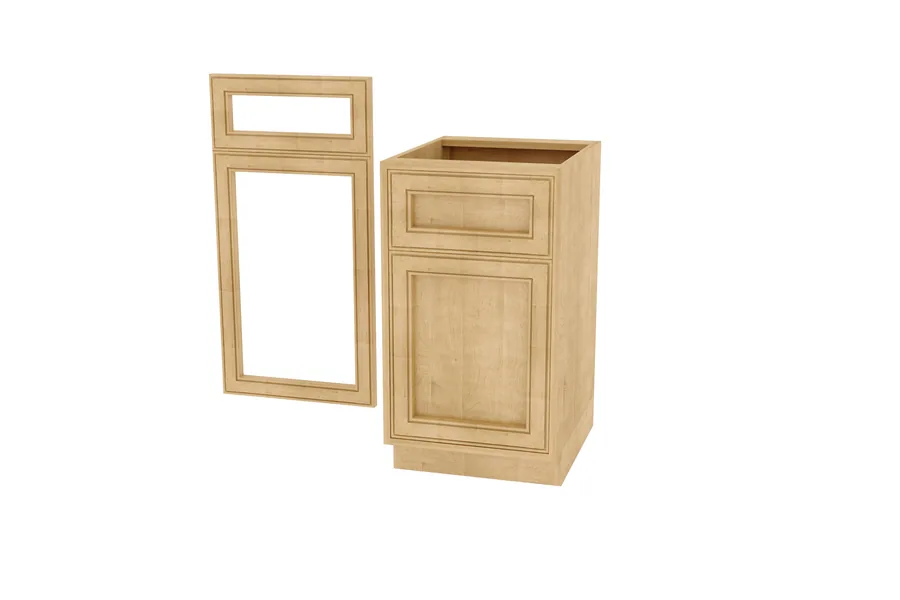 Single maple base cabinet shown with its drawer front and door removed to reveal the carcass construction