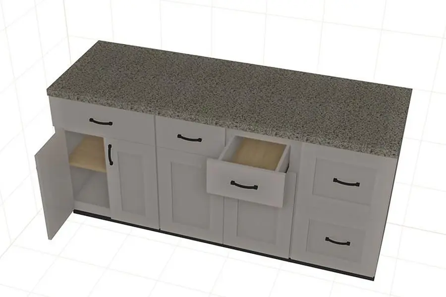 Three base cabinets with granite countertop, open door and drawer modeled in Pro100