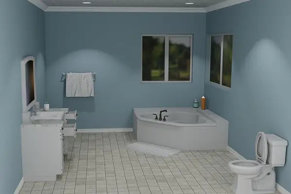 Blue bathroom with corner soaking tub, vanity and tile floor rendered in Pro100