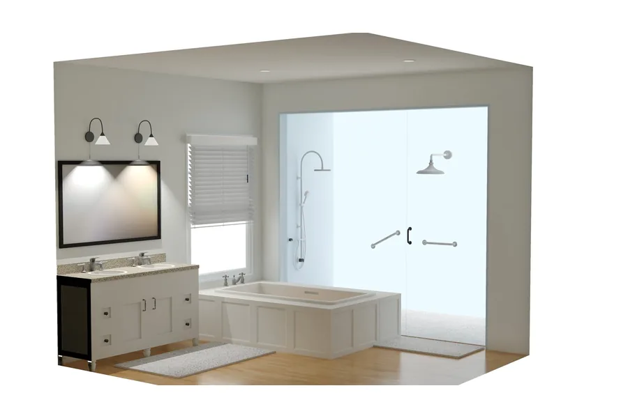 Bathroom rendered in Pro100 with a double vanity, framed mirror, soaking tub and a glass walk-in shower
