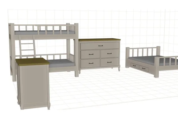 Bunk bed with ladder and guard rails, six-drawer dresser, desk and a storage bed modelled in Pro100