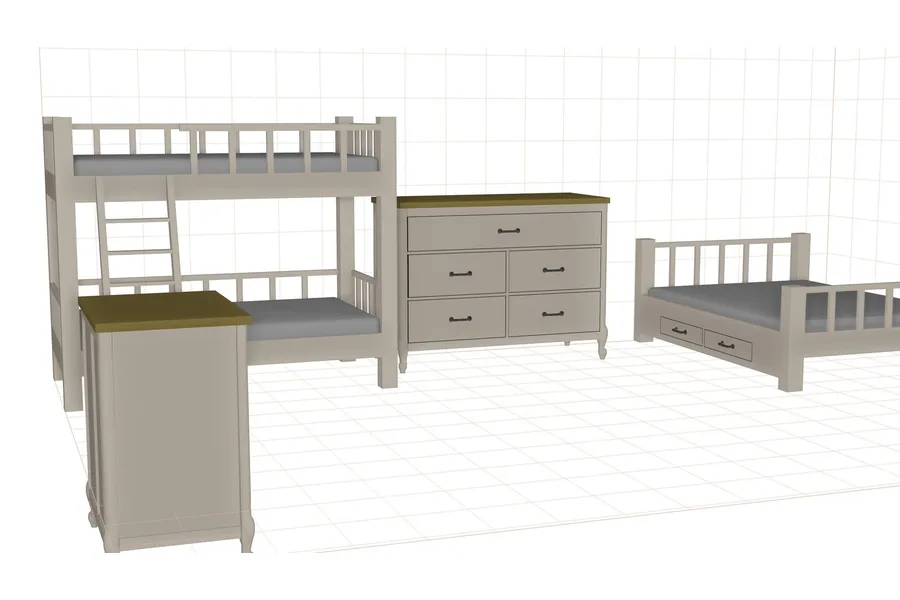 Bunk bed with ladder and guard rails, six-drawer dresser, desk and a storage bed modelled in Pro100
