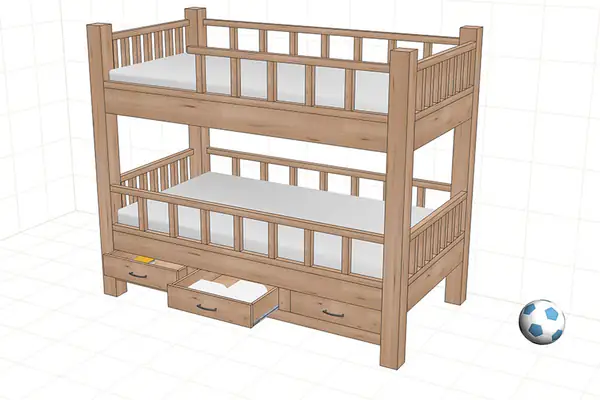 Wooden bunk bed with guard rails and three storage drawers designed in Pro100