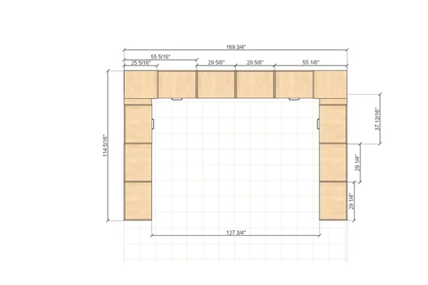 Dimensioned elevation of a closet showing overall width, opening width and individual cabinet heights in inches