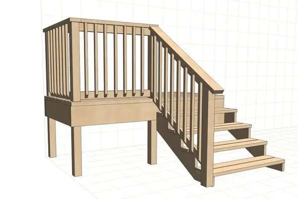 Raised deck with spindle railing and open stair stringer designed in Pro100