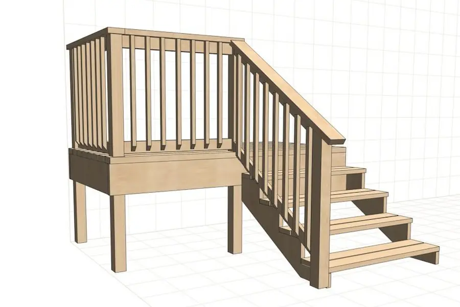Raised deck with spindle railing and open stair stringer designed in Pro100