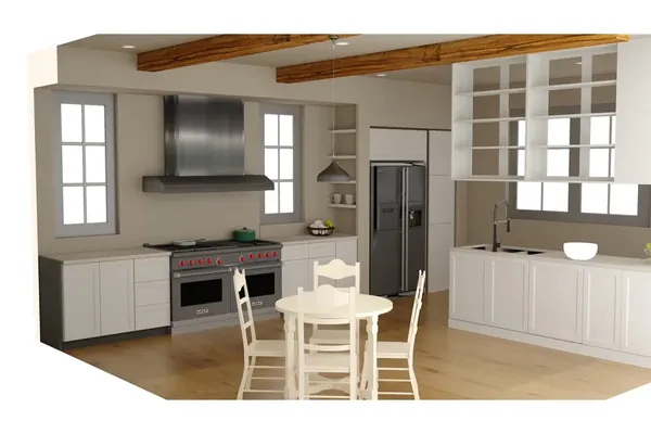 Farmhouse kitchen with white shaker cabinets, a professional range, exposed ceiling beam and open shelving