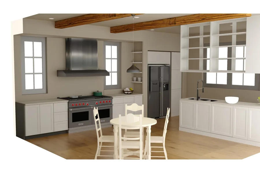 Farmhouse kitchen with white shaker cabinets, a professional range, exposed ceiling beam and open shelving
