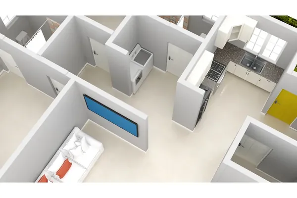 Overhead cutaway view of a floor plan showing the laundry, kitchen and living room laid out in 3D