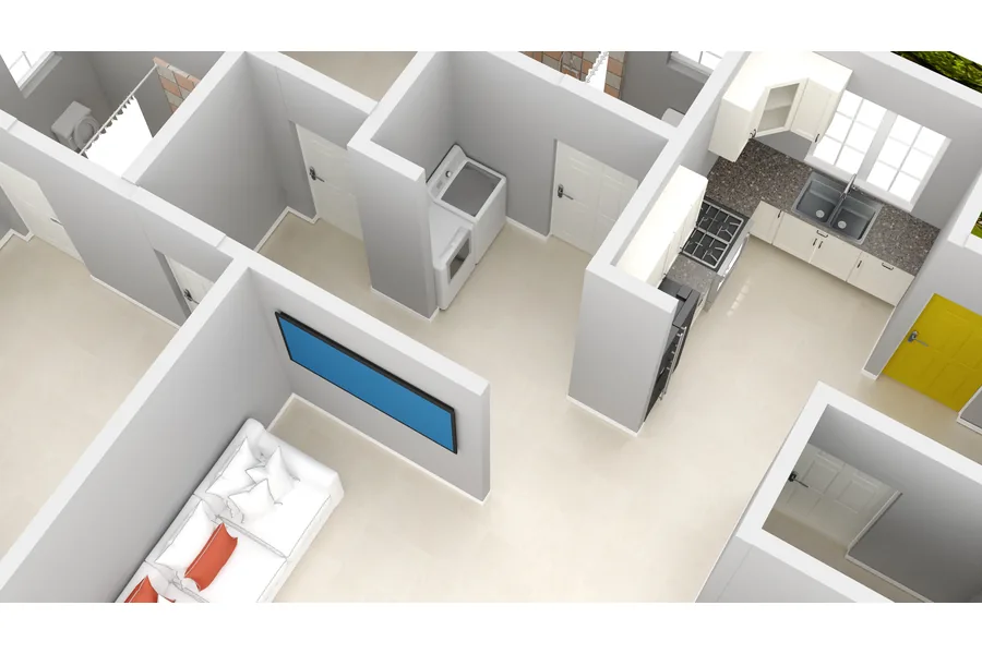 Overhead cutaway view of a floor plan showing the laundry, kitchen and living room laid out in 3D