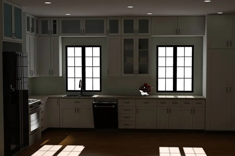 Kitchen with stacked upper cabinets, glass doors and black windows designed in Pro100