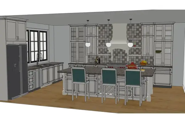 Kitchen shown in a combined rendered and wireframe view, revealing the construction behind every cabinet