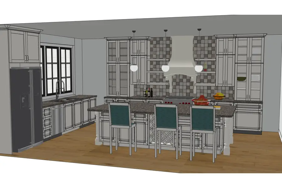 Kitchen shown in a combined rendered and wireframe view, revealing the construction behind every cabinet