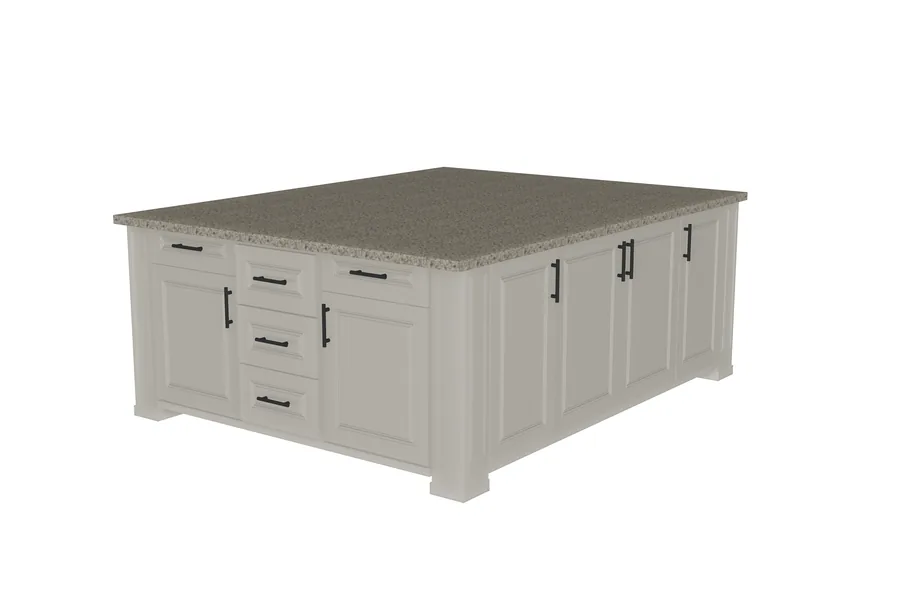 Freestanding kitchen island with raised-panel doors, a bank of drawers and a granite countertop