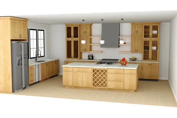 Maple shaker kitchen with a large island, built-in wine lattice, glass-front upper cabinets and pendant lighting