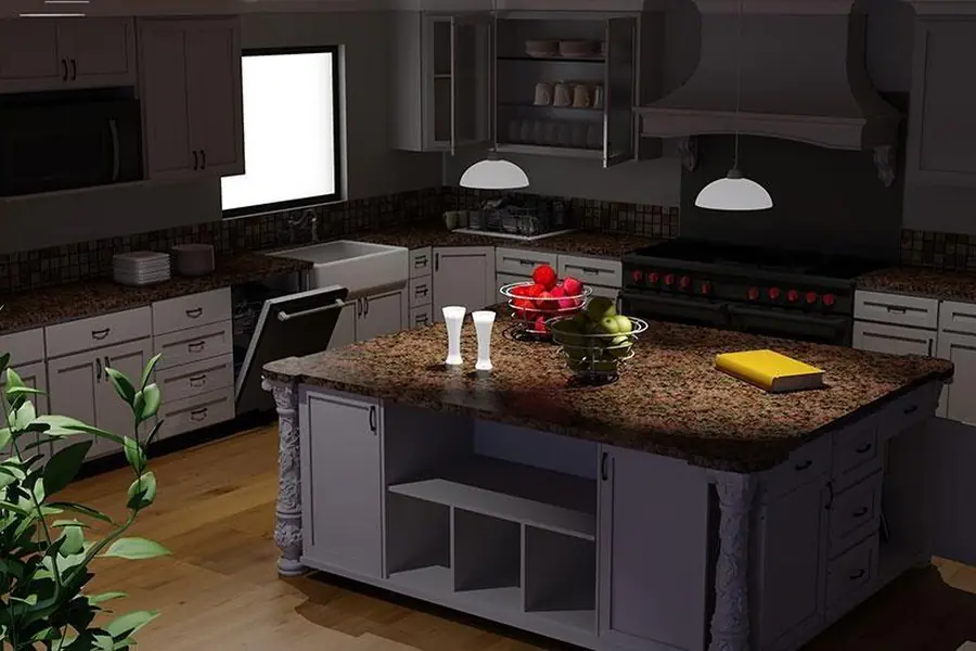 Large kitchen island with granite top, corbels and open shelving rendered in Pro100