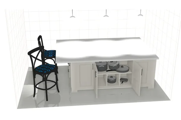 Kitchen island with both cabinet doors open showing pot and pan storage on adjustable shelves