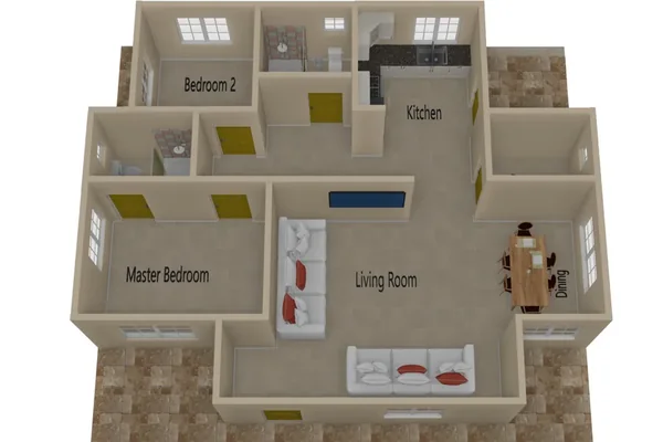 Labelled 3D floor plan showing master bedroom, second bedroom, kitchen, living room and dining area