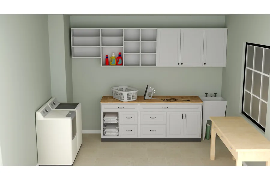 Laundry room with side-by-side washer and dryer, wall cubbies, butcher block folding counter and a utility sink