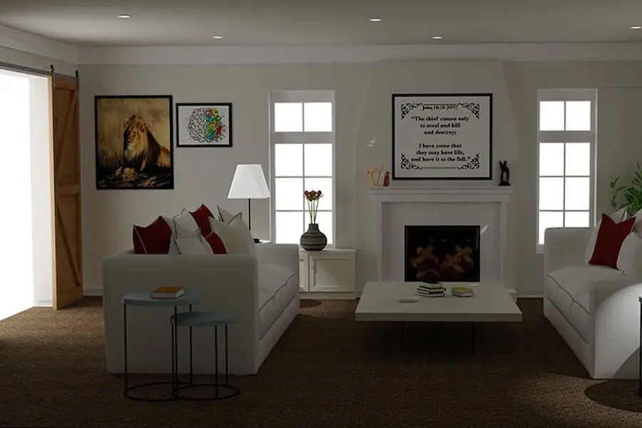 Living room with fireplace, barn door and framed artwork rendered in Pro100