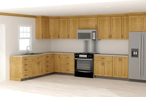 L-shaped maple kitchen with wall oven, microwave and refrigerator designed in Pro100