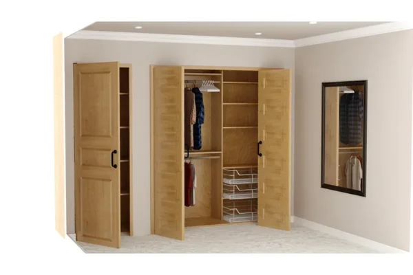 Reach-in closet designed in Pro100 with bifold raised-panel doors, double hanging rods, adjustable shelves and wire basket drawers