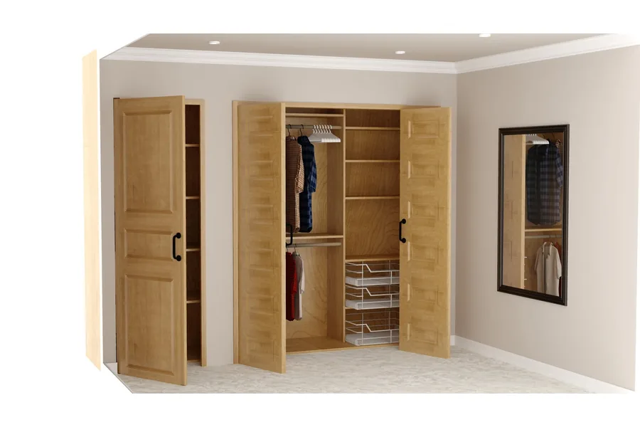 Reach-in closet designed in Pro100 with bifold raised-panel doors, double hanging rods, adjustable shelves and wire basket drawers