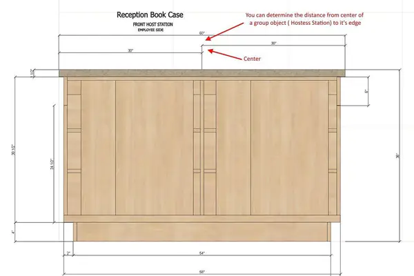 Dimensioned front elevation shop drawing of a reception host station cabinet