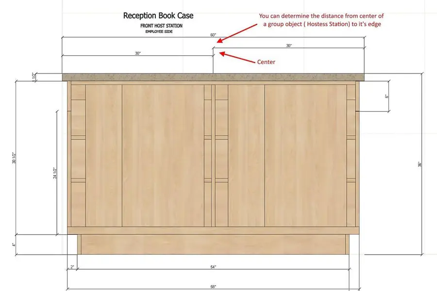 Dimensioned front elevation shop drawing of a reception host station cabinet