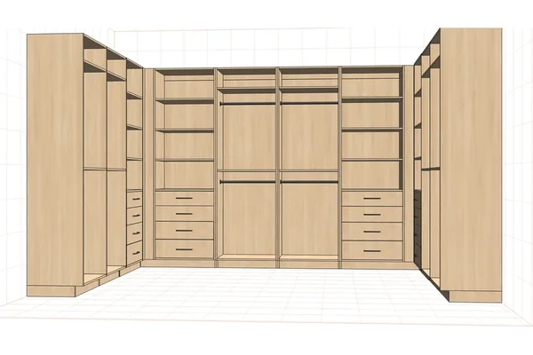 Walk-in closet in maple with double hanging rods, drawer banks, adjustable shelves and corner returns