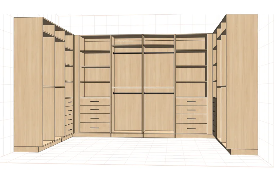 Walk-in closet in maple with double hanging rods, drawer banks, adjustable shelves and corner returns