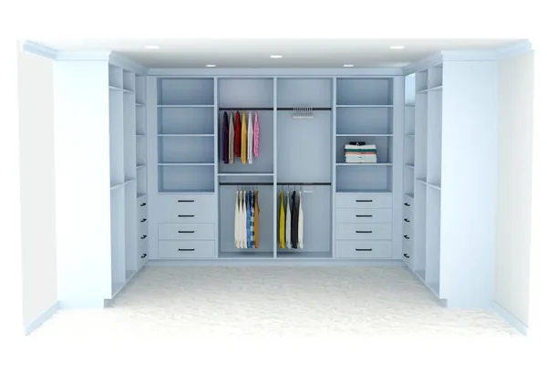 Walk-in closet in a soft blue painted finish with hanging sections, banks of drawers and corner shelf returns