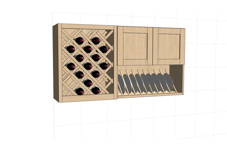 Wall cabinet combining a diagonal wine lattice with a dowel plate rack and two upper doors