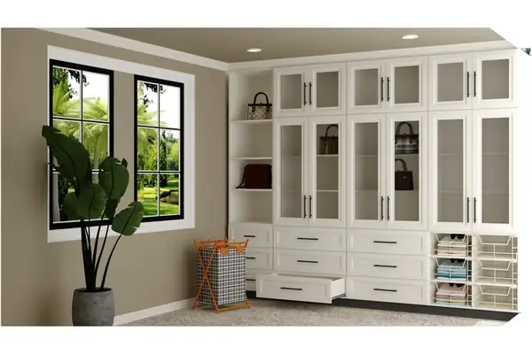 Built-in wardrobe with frosted glass doors, deep drawers and pull-out wire baskets beside a corner shelf return