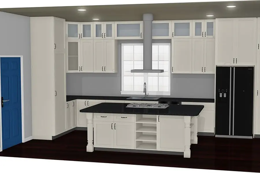 White kitchen with turned-leg island, range hood and glass upper cabinets in Pro100